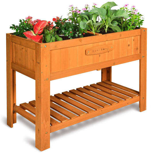Suniboxi wooden planter box outdoor elevated garden bed with shelf filled with flowers and vegetables