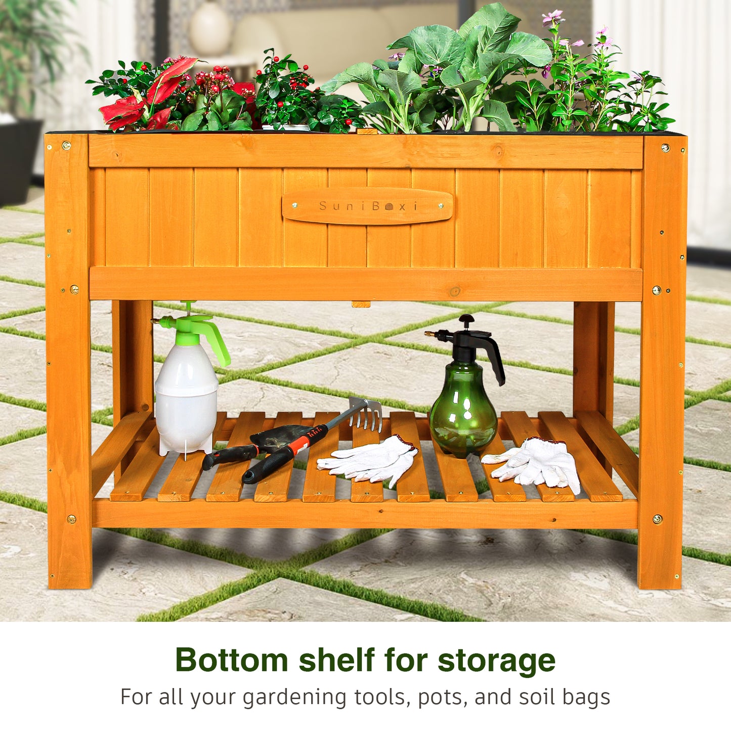 Suniboxi wooden planter box outdoor with gardening tools and gloves on bottom storage shelf